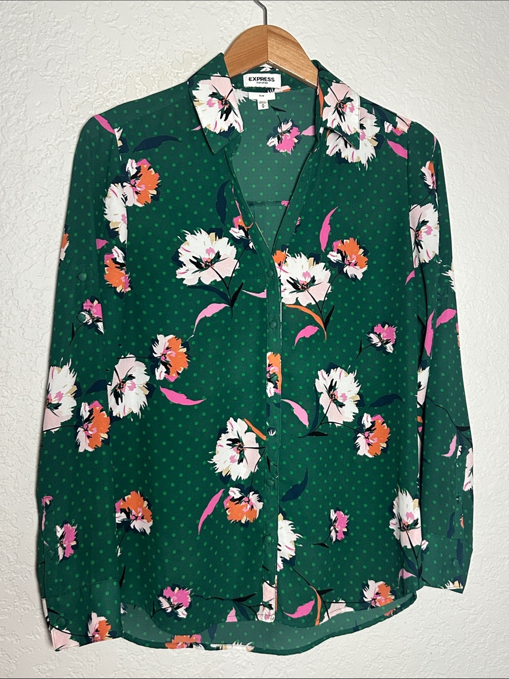 Express Portofino Green Floral Shirt Long Sleeve Blouse Polka Dot Roll Tab